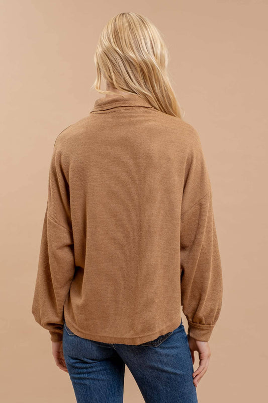 COLLARED RAW EDGE KNIT TOP: ALMOND
