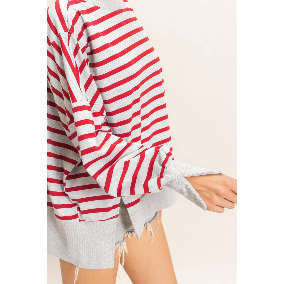 Striped Mock Neck Sweatshirt: H.GRAY/RED