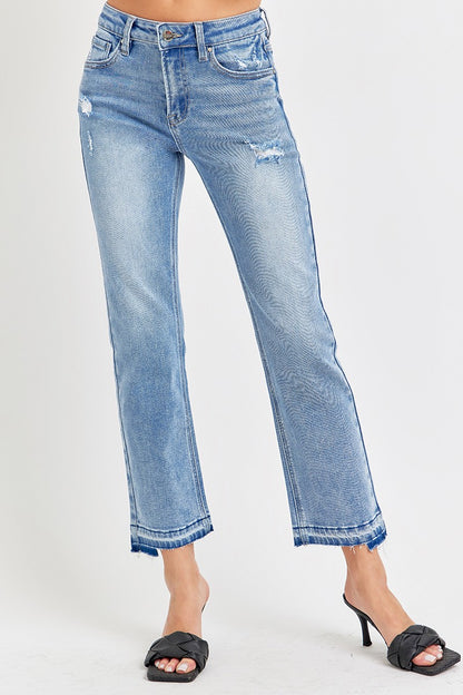 MID RISE ANKLE STRAIGHT UNEVEN RELEASED HEM JEANS