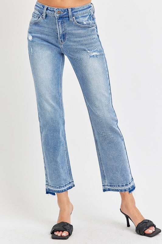 MID RISE ANKLE STRAIGHT UNEVEN RELEASED HEM JEANS