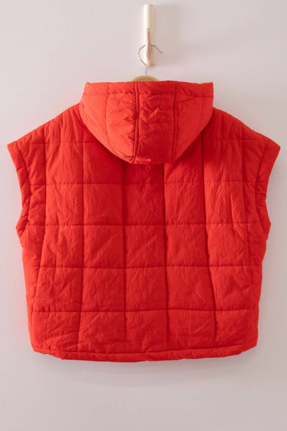 Quilted Hooded Puffer Vest: TOMATO