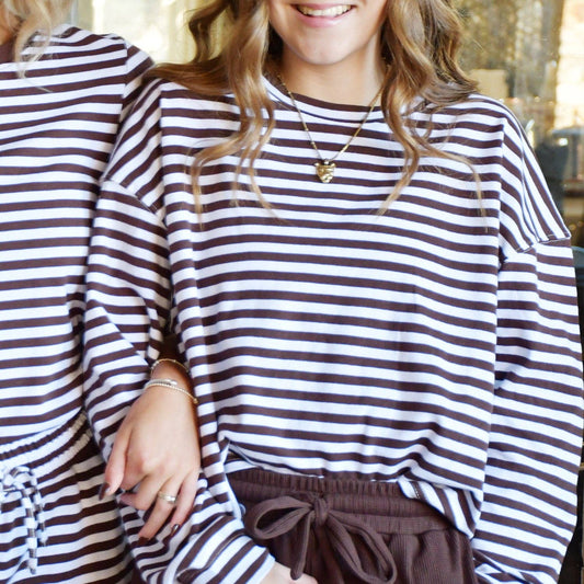 LULU MAC STRIPE LONGSLEEVE TOP-BROWN