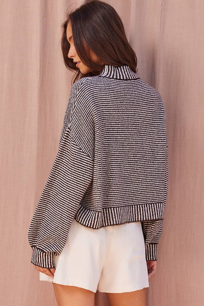 Mock Neck Stripe Knit Sweater: BROWN