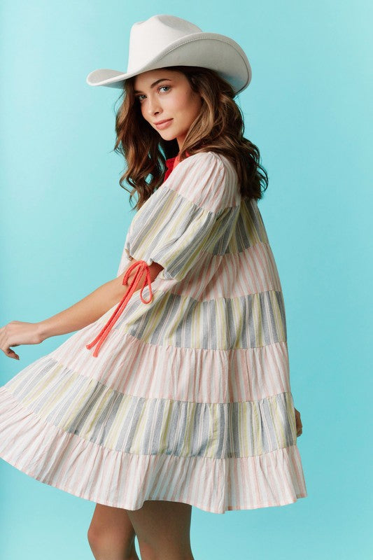 Stripe Colorblock Tiered Button Down Dress
