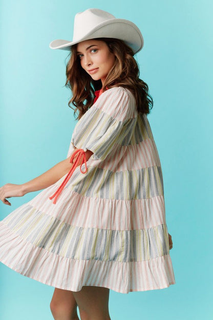Stripe Colorblock Tiered Button Down Dress