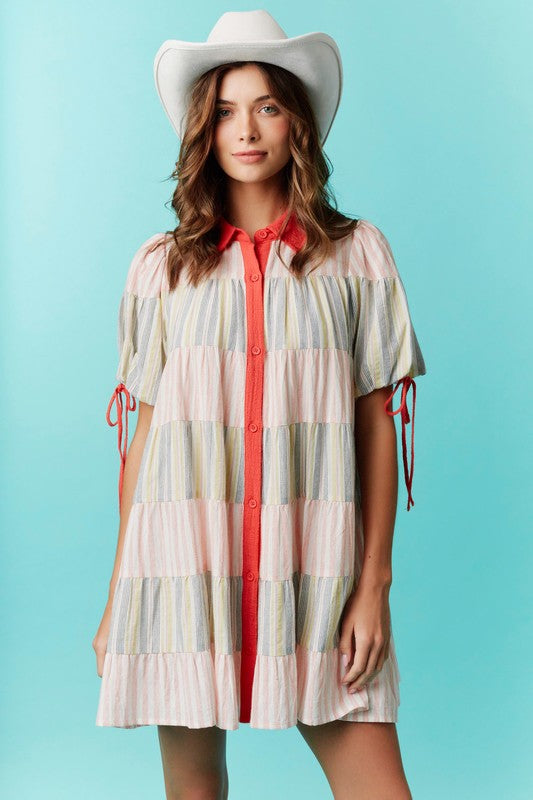 Stripe Colorblock Tiered Button Down Dress