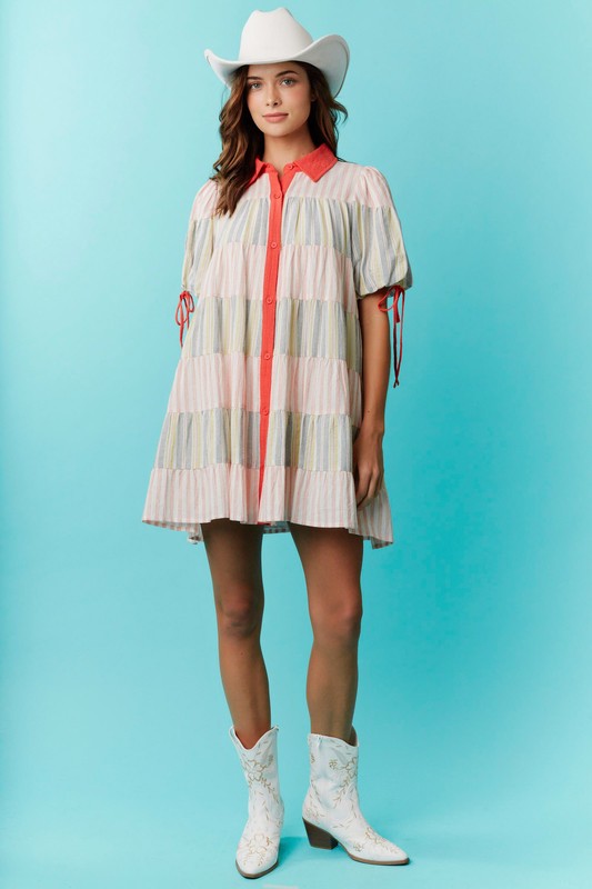 Stripe Colorblock Tiered Button Down Dress