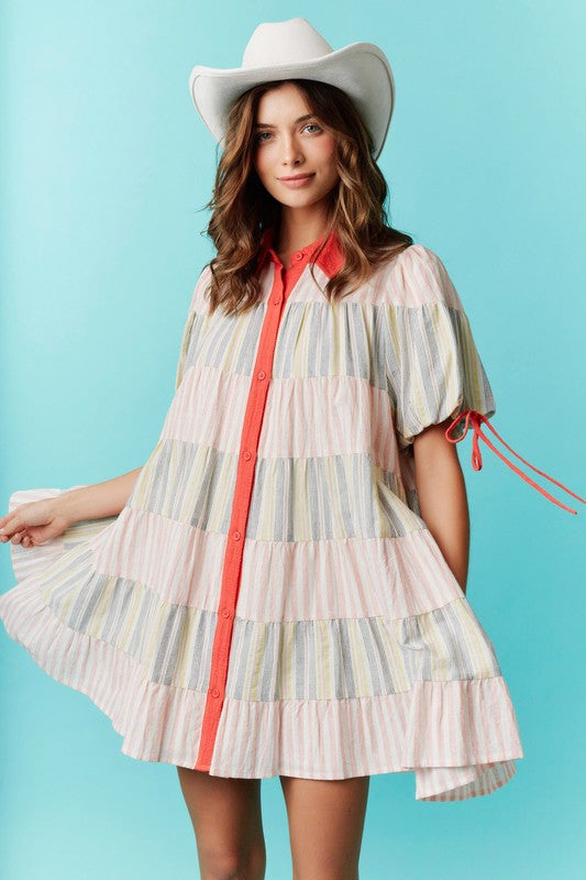 Stripe Colorblock Tiered Button Down Dress