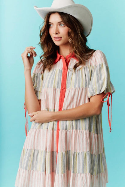 Stripe Colorblock Tiered Button Down Dress