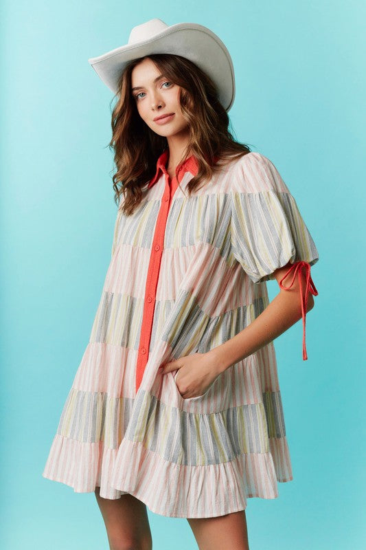 Stripe Colorblock Tiered Button Down Dress