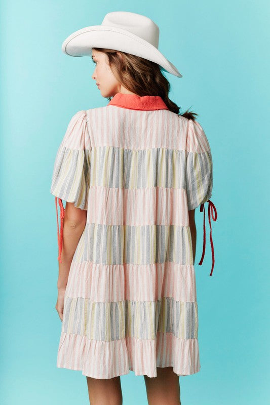 Stripe Colorblock Tiered Button Down Dress