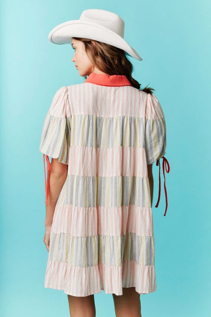 Stripe Colorblock Tiered Button Down Dress