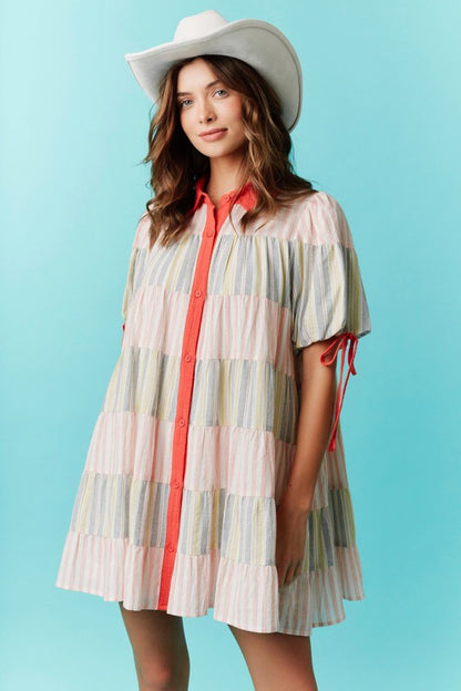 Stripe Colorblock Tiered Button Down Dress