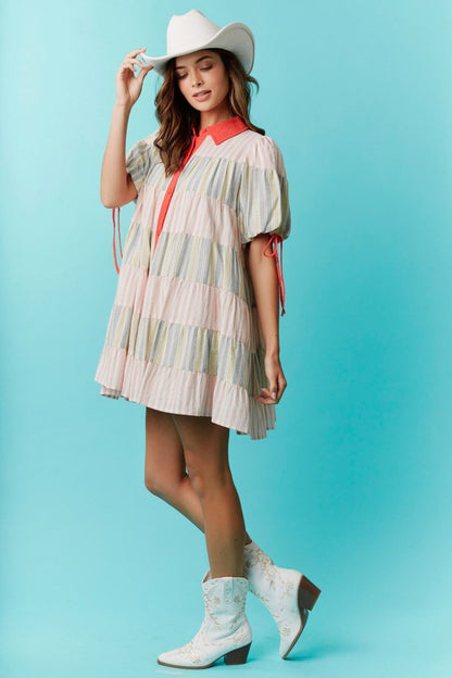 Stripe Colorblock Tiered Button Down Dress