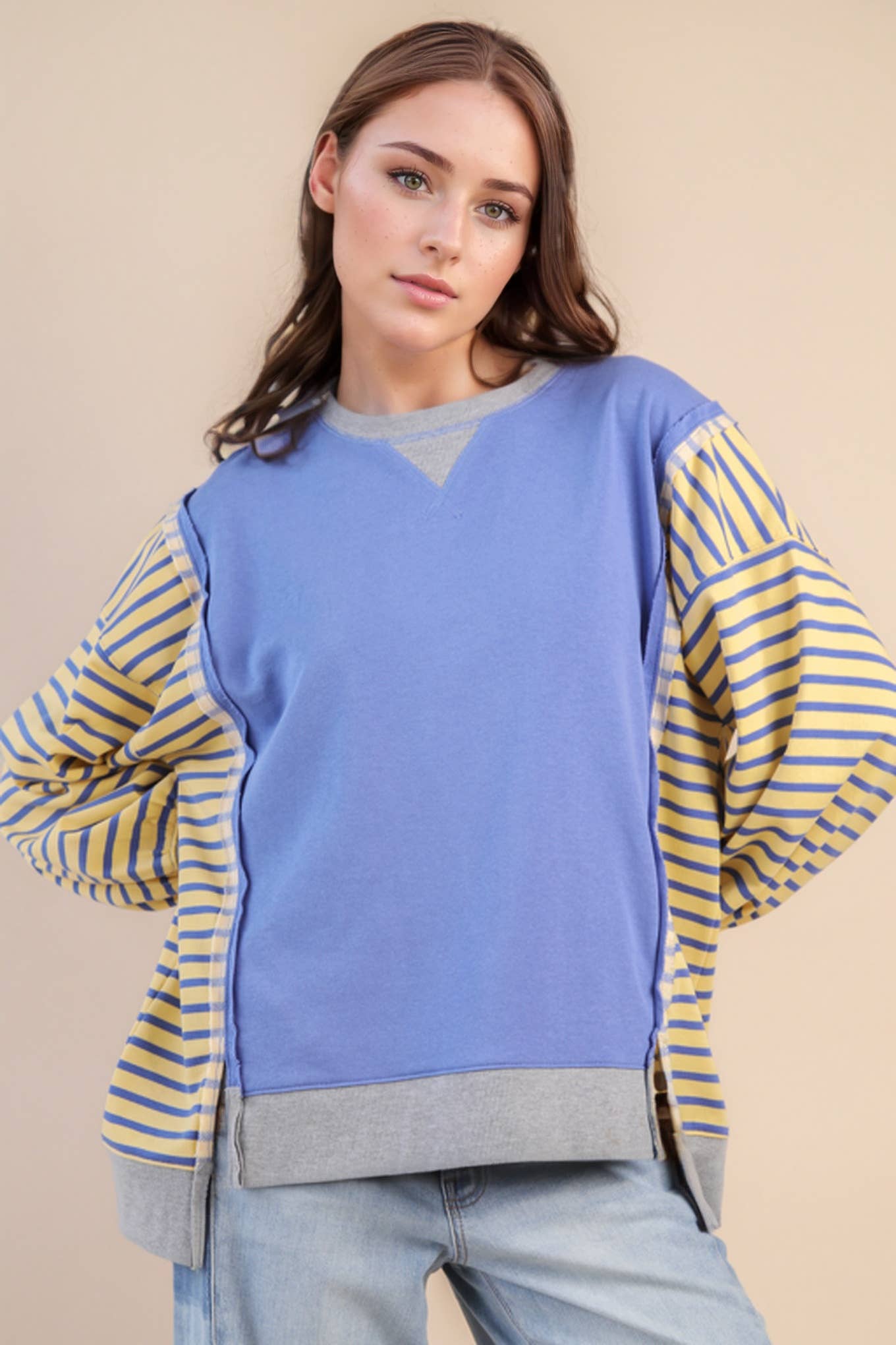 Oversized Striped Casual Knit Top: BLUE
