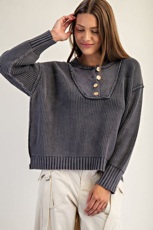Half Button Front Long Sleeve Knit Pullover