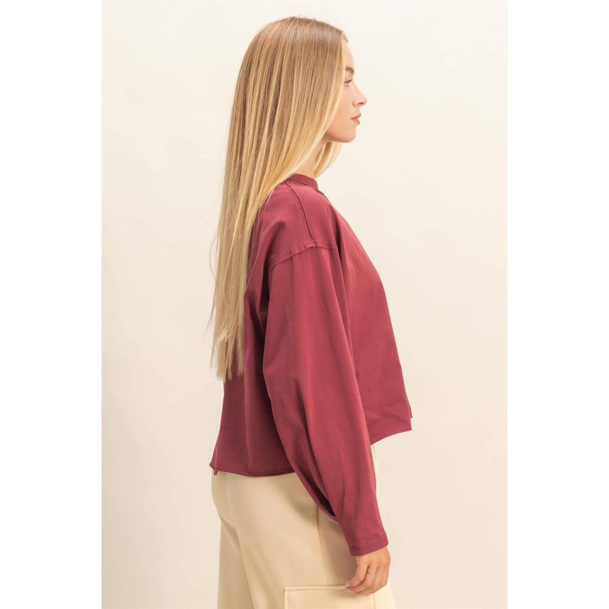 Mineral Washed Casual Long Sleeve Top: WINE