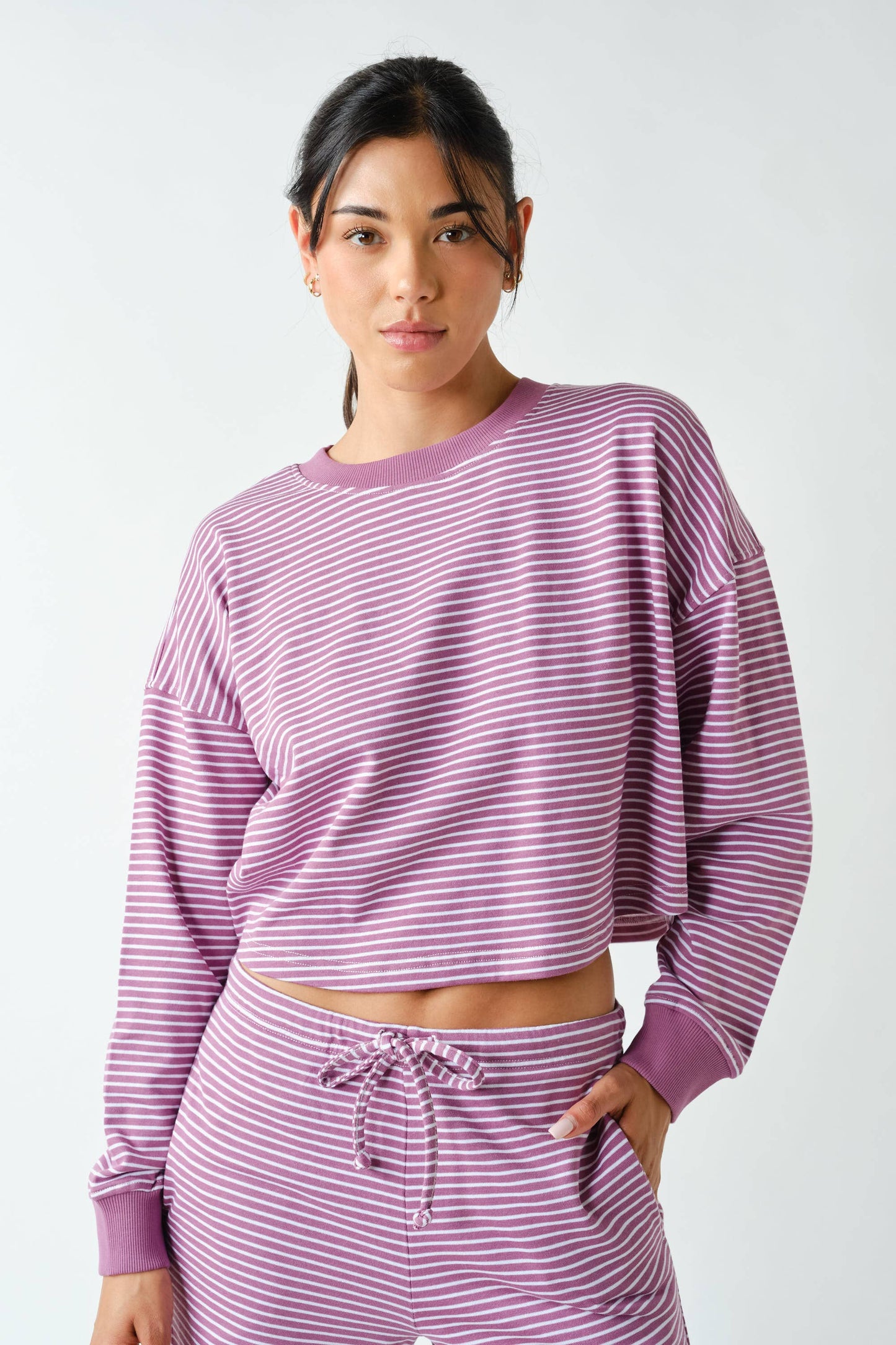 Coastal Striped Crop Top & Pant Set: MULBERRY/WHITE