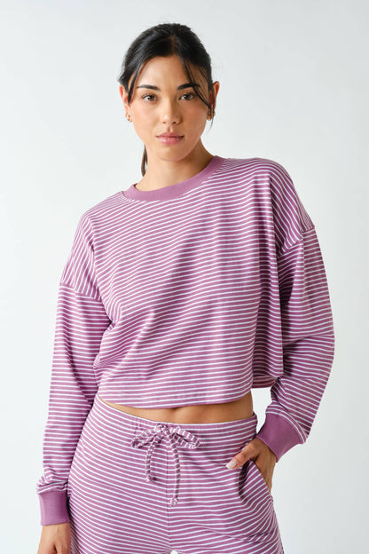 Coastal Striped Crop Top & Pant Set: MULBERRY/WHITE