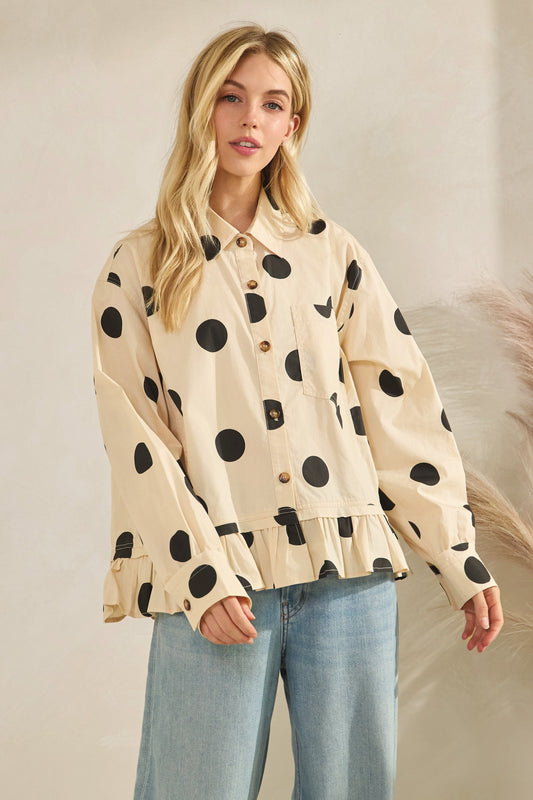 Polka Dot Ruffle Hem Long Sleeve Shirt
