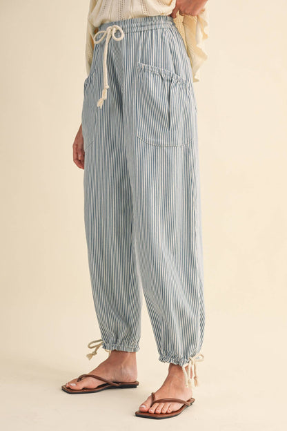 STRIPED PARACHUTE PANTS: DENIM STRIPE
