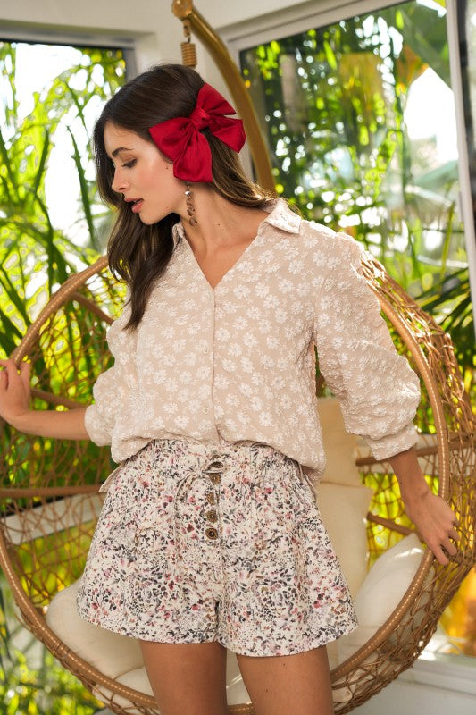 Floral Washed Smocked Buttons Down Shorts