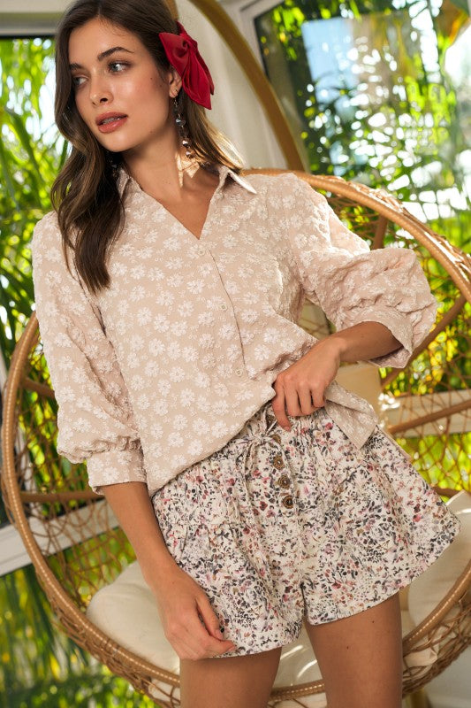 Floral Washed Smocked Buttons Down Shorts