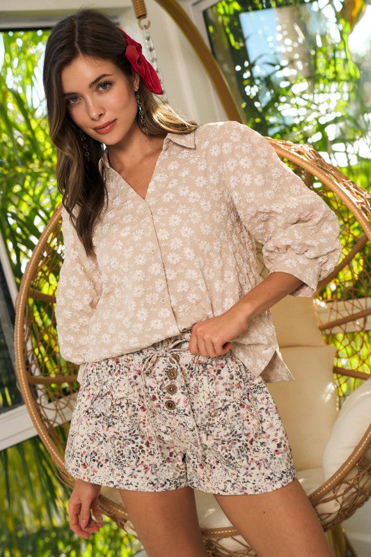 Floral Washed Smocked Buttons Down Shorts