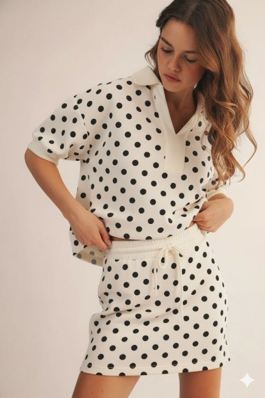 Polka Dot Collared Top And Skirt Set