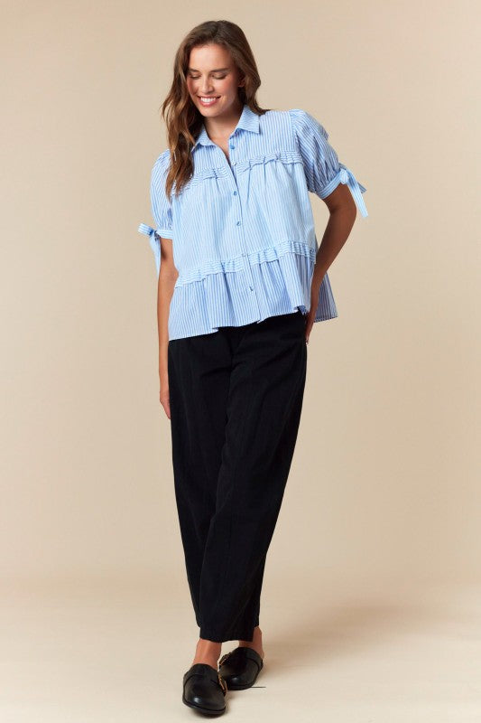 Striped Puff Sleeve Ruffled Flowy Shirt Top