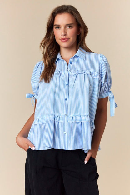 Striped Puff Sleeve Ruffled Flowy Shirt Top