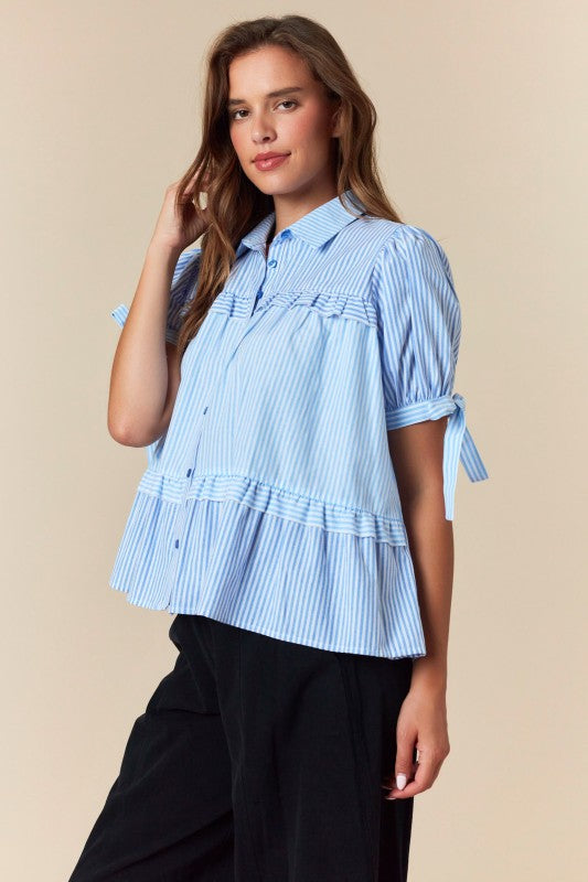 Striped Puff Sleeve Ruffled Flowy Shirt Top