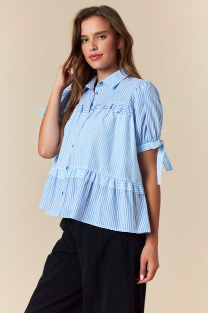 Striped Puff Sleeve Ruffled Flowy Shirt Top