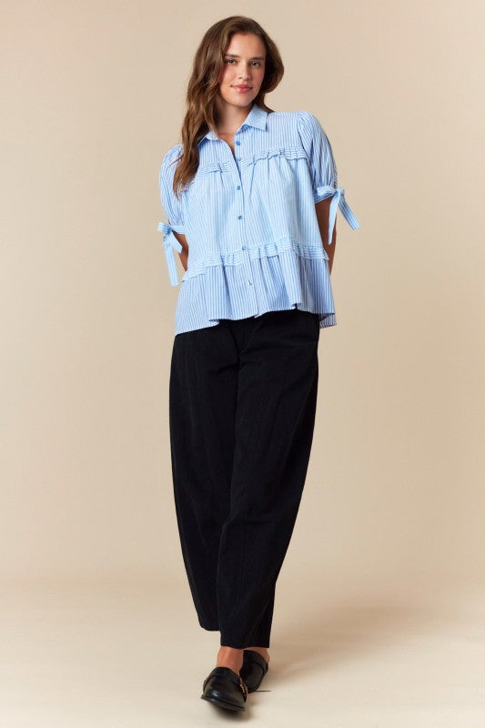 Striped Puff Sleeve Ruffled Flowy Shirt Top