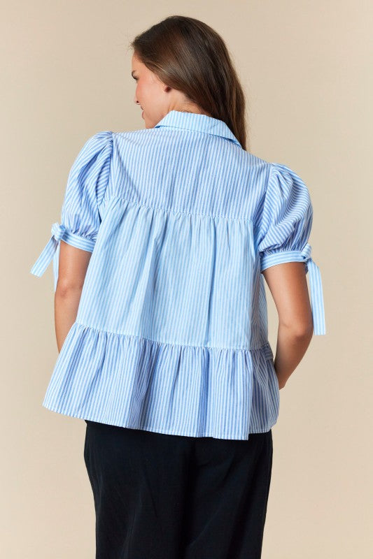 Striped Puff Sleeve Ruffled Flowy Shirt Top
