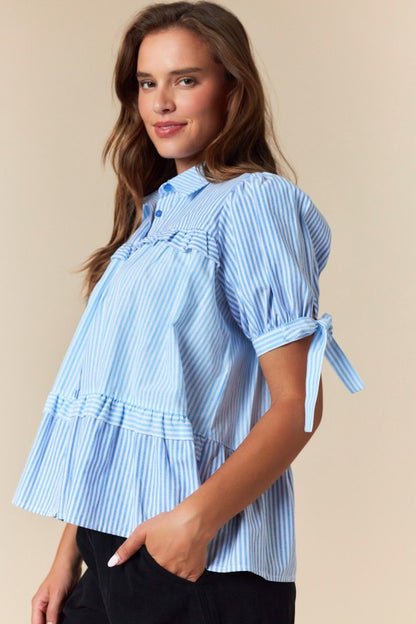 Striped Puff Sleeve Ruffled Flowy Shirt Top