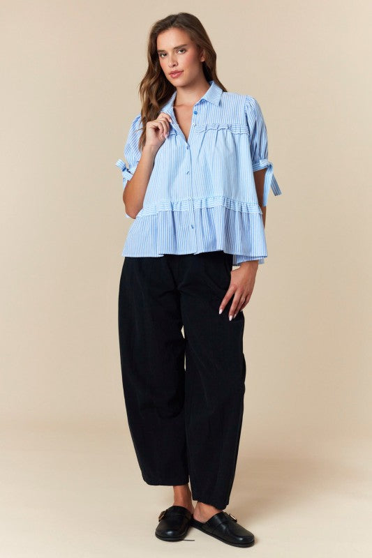 Striped Puff Sleeve Ruffled Flowy Shirt Top