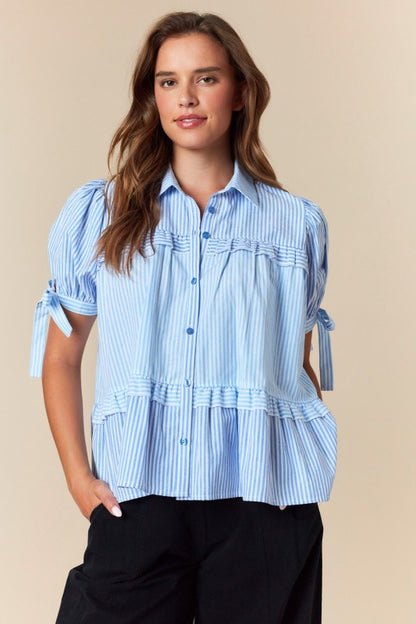 Striped Puff Sleeve Ruffled Flowy Shirt Top