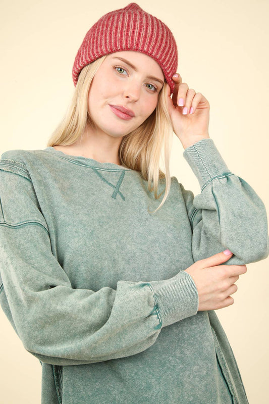 Mineral Washed French Terry Oversized Knit Top: Green