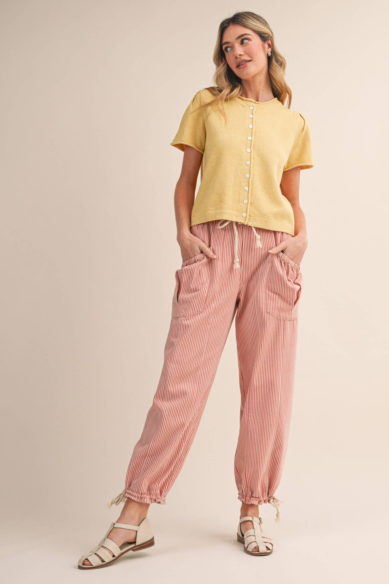 STRIPED PARACHUTE PANTS: SALMON PINK STRIPE