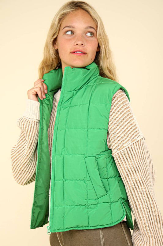 Solid Puffer Padded Warm Vest: KELLY GREEN