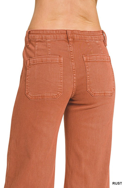 Mid rise wide leg cropped color denim pants-Rust