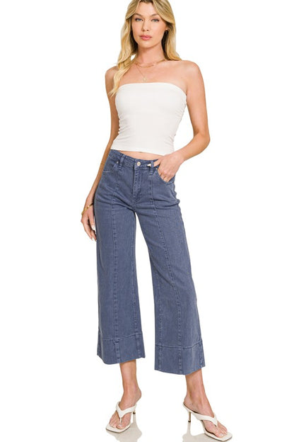 Mid rise wide leg cropped color denim pants-Blue