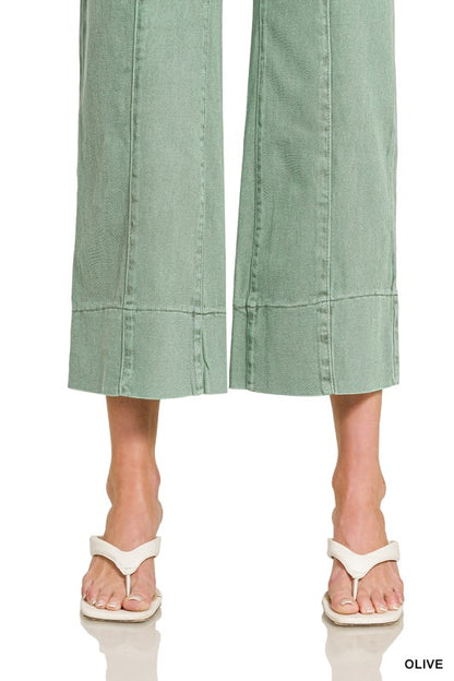 Mid rise wide leg cropped color denim pants-Light Olive
