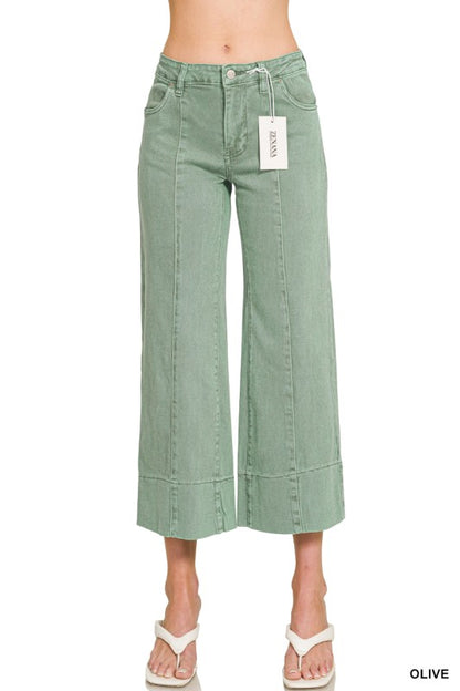 Mid rise wide leg cropped color denim pants-Light Olive