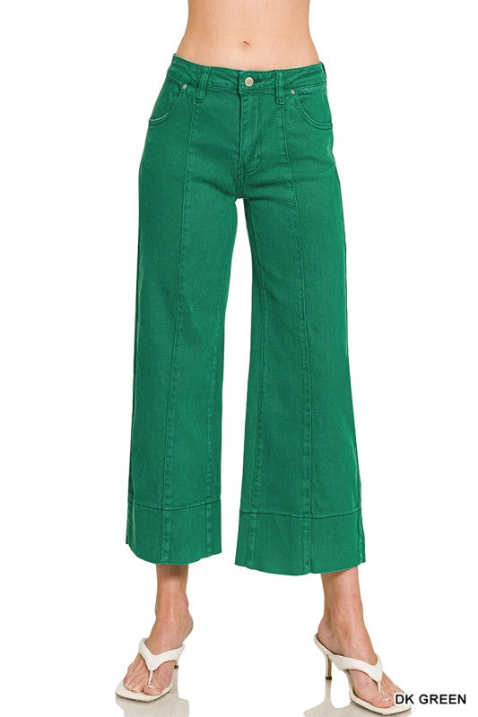 Mid rise wide leg cropped color denim pants-Kelly Green