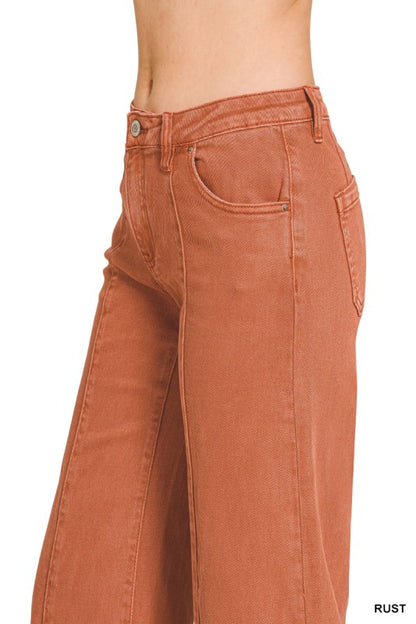 Mid rise wide leg cropped color denim pants-Rust
