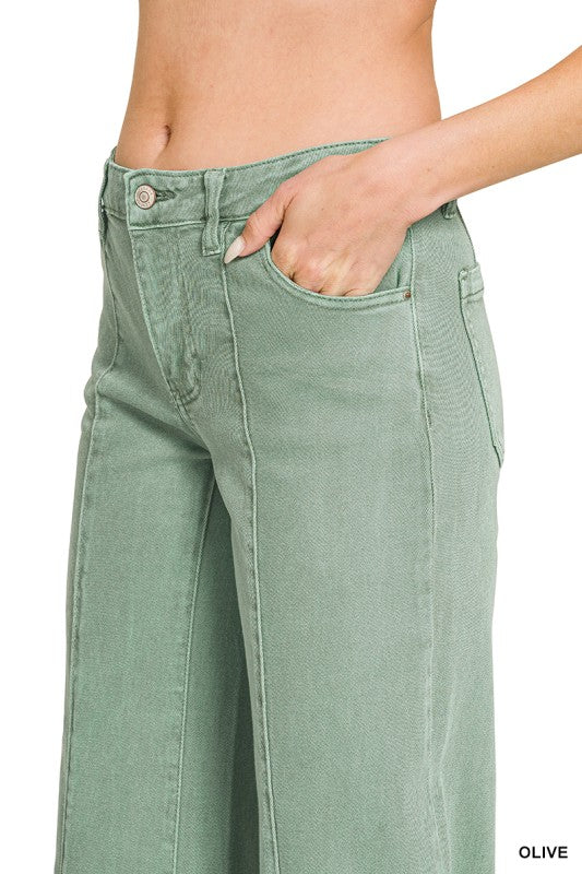 Mid rise wide leg cropped color denim pants-Light Olive