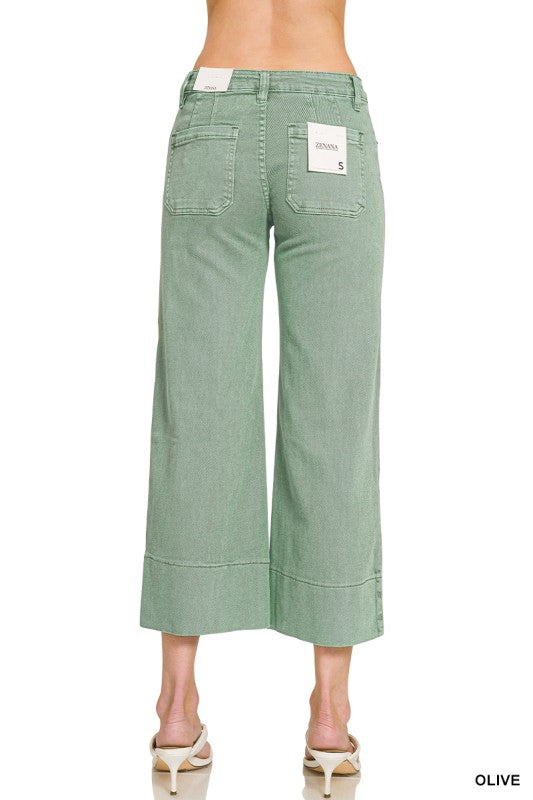 Mid rise wide leg cropped color denim pants-Light Olive