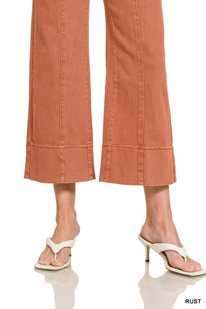 Mid rise wide leg cropped color denim pants-Rust